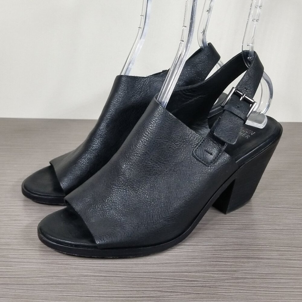 Eileen Fisher Black Leather Open-Toe Slingback Block Heel Sandals